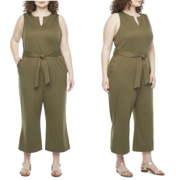 LIZ Claiborne olive grove Sleeveless Belted plus Jumpsuit - Picture 1 of 8